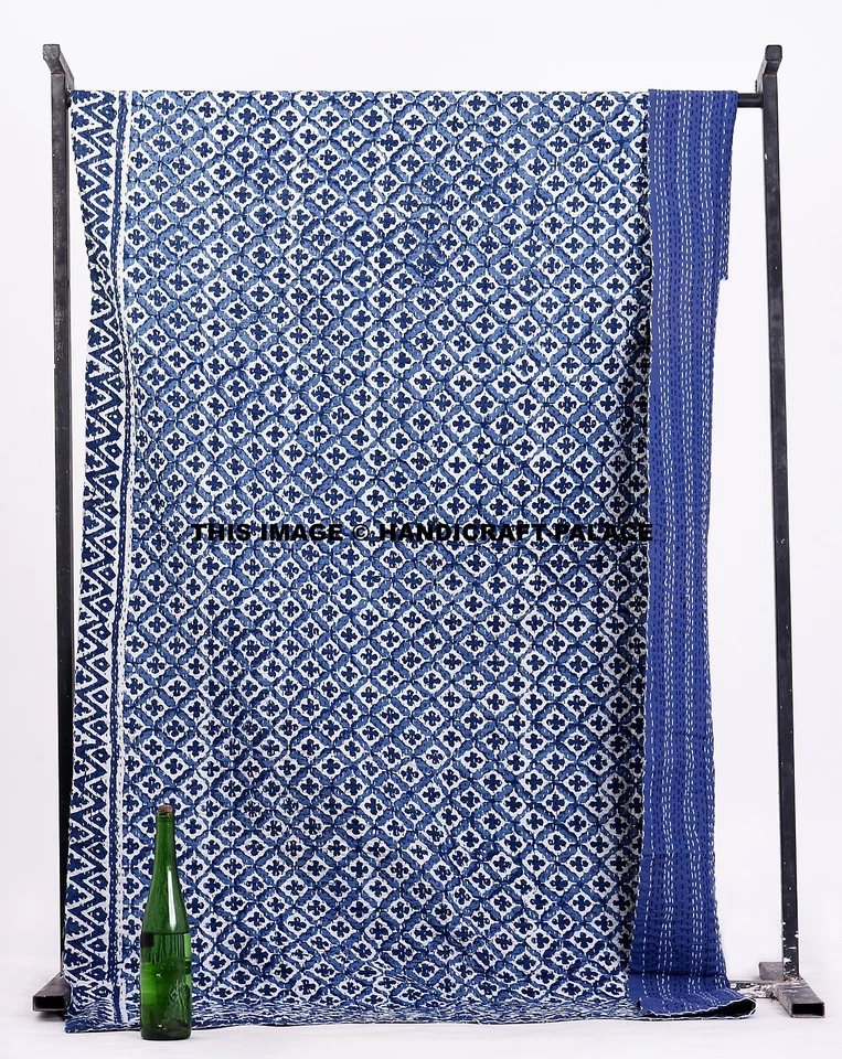 Zwilling Größe Kantha Bettbezug Indigo Blau Decke Hand Gesteppt Überwurf - Bild 2 von 4