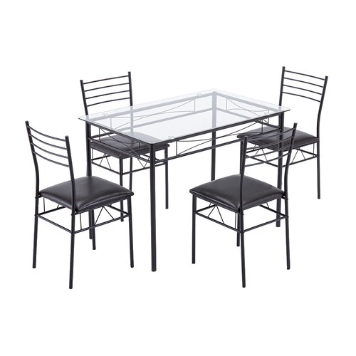 5 Piece Glass Dining Table Set 4 PU Cushion Chairs Kitchen Breakfast Dining Set - Picture 3 of 11