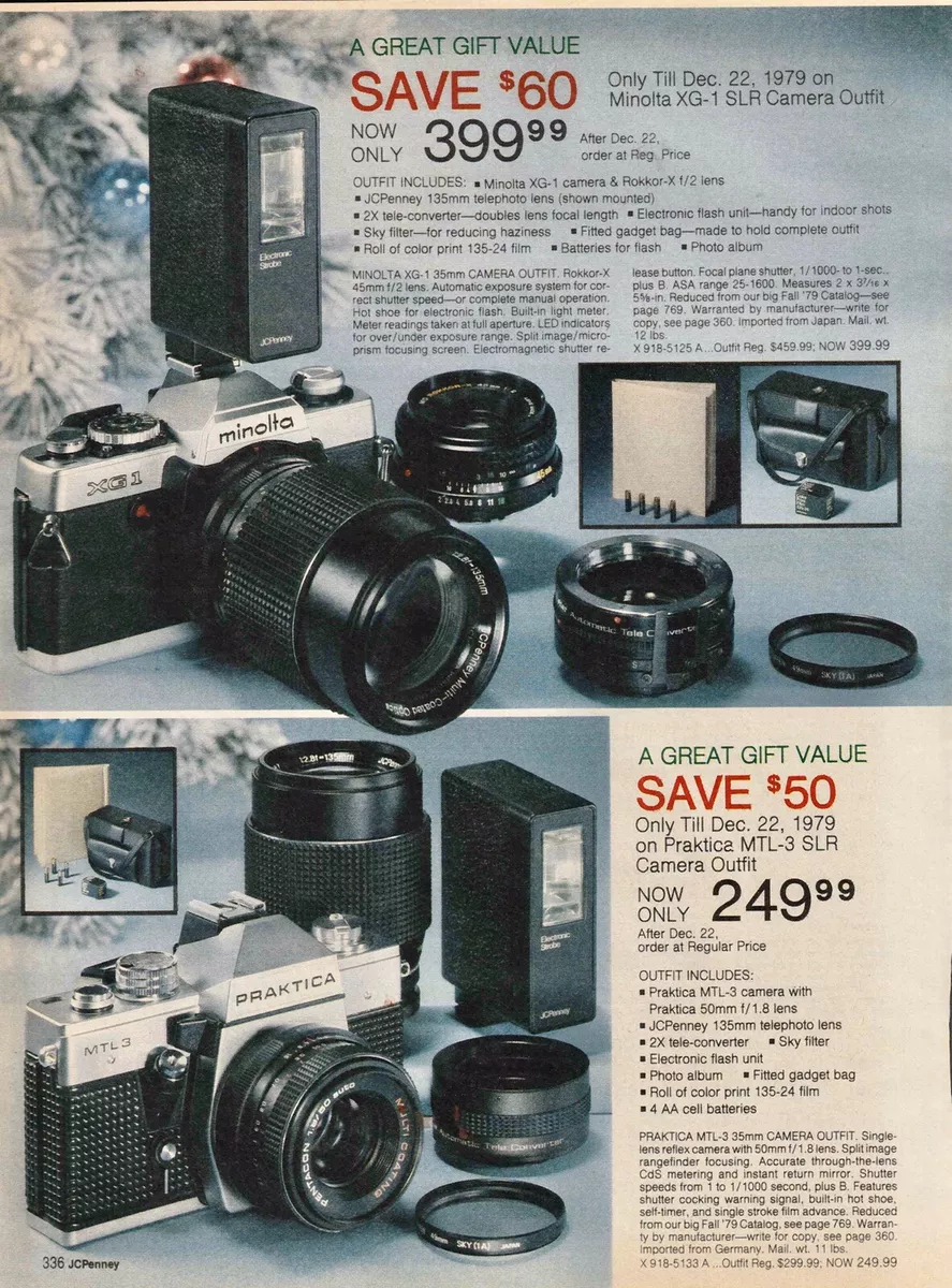 老式 1979 年美能达相机和 Acc JC Penney 目录旧版广告 8x11 英寸 JCP 336