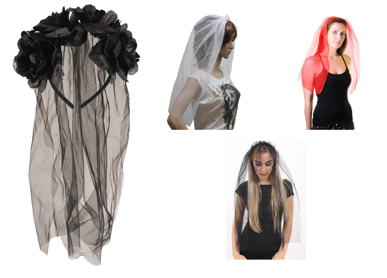 Mujer Negro Rosa Velo Flores Halloween Fiesta Disfraces Accesorio