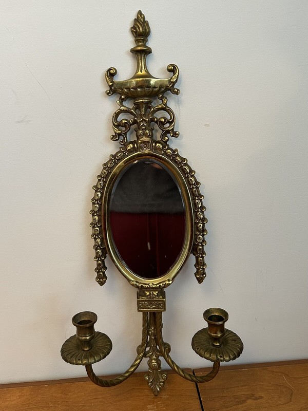 Antique Vintage Brass Pagoda MIRROR WALL SCONCE candle holder Chinoiserie