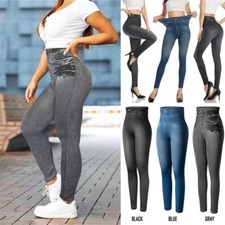 Women High Waisted Faux Denim Leggings Jegging Skinny Jean Pencil Pants Trousers