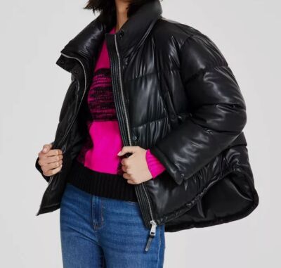DKNY Women's Black Faux-Leather High-Low Hem Puffer Jacket Coat Size M