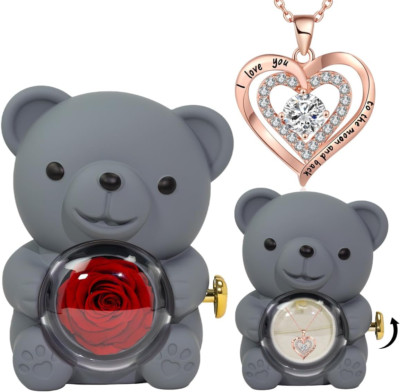 Womens Day Preserved Red Rose Cute Bear Box Eternal Flowers Gift - Free Shipping