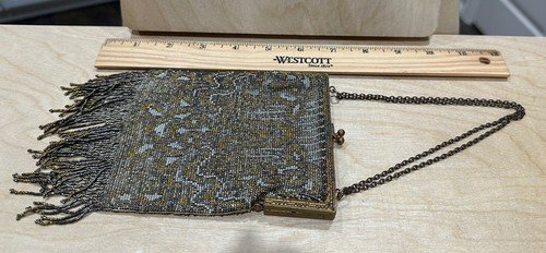 Antique Beaded Handbag Flapper Purse Kiss Lock Gray Gold Made in France PRISTINE - Picture 10 of 10