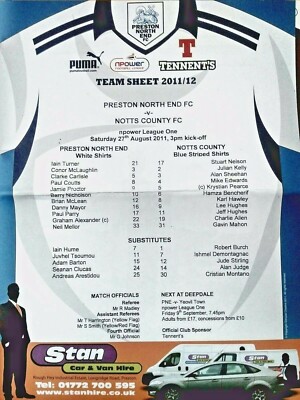 Preston North End gegen Notts County 27.8.2011 npower League One Teamsheet. RAR.