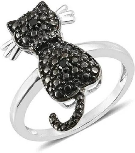 1 Ct Round Cut Simulated Black Diamond Cat Engagement Ring 14K White Gold Plated