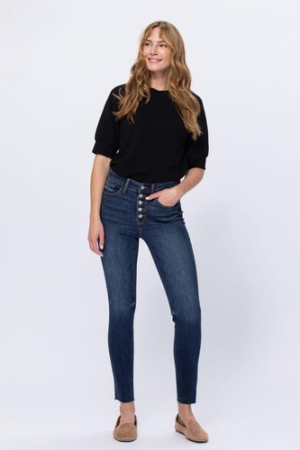 Judy Blue High Rise Button Fly Cut Off Skinny Denim Jeans 82318 - 第 5/9 張圖片