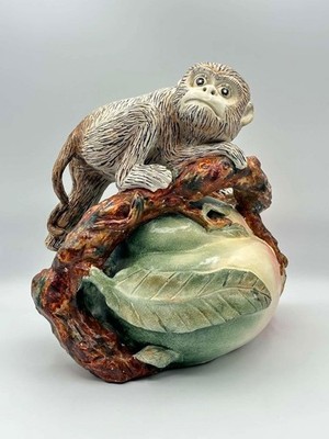 Vintage Lam Lee Monkey on Peach Sculpture Chinese Longevity Ceramic Figurine