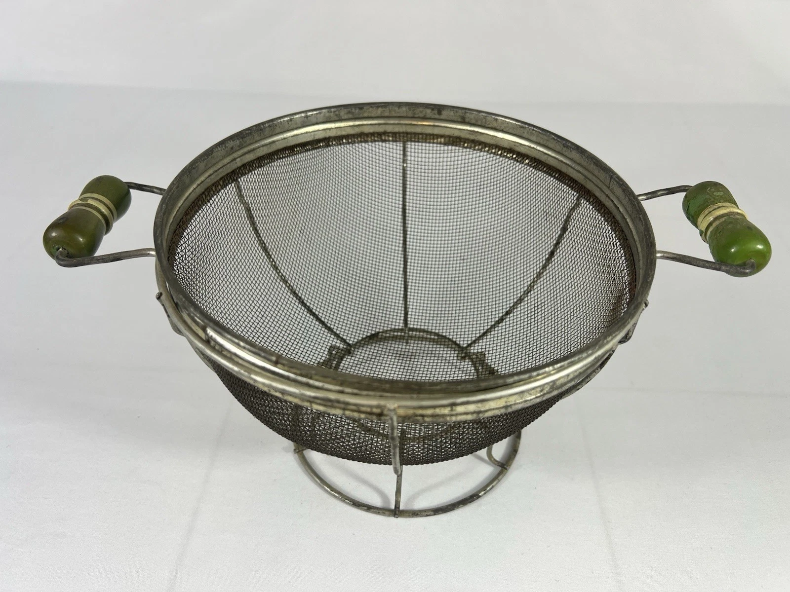 Wire Colander Strainer Pedestal Stand 2-piece Green Wood Handles RARE Vintage