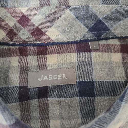 Jaeger Wool Blend Check Plaid LS Flannel Button Shirt Grey Blue Burgundy L Large - Picture 9 of 11