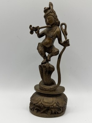 Vintage Brass Krishna Kaliya Mardan Statue Hindu Deity India Figure 7-1/8