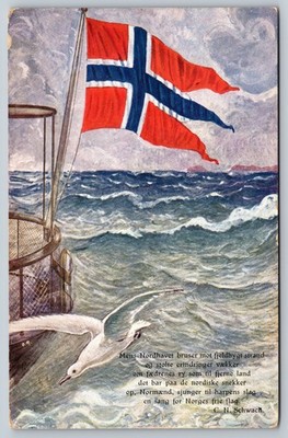 Norwegian Patriotic Flag Gull Ship at Sea CN Schwach Poem 1915 Norway Postcard