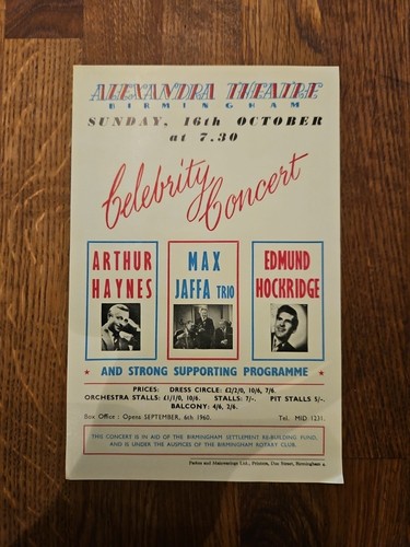 Alexander Theatre Birmingham 1960 forma de reserva Arthur Haynes - Imagen 1 de 4