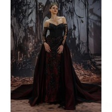 Black-Red Lace Mermaid Gothic Wedding Dress Off-Shoulder Sleeves Bride Gowns