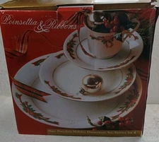 16 Piece Poinsettia and Ribbons Christmas Dish Set Service For 4 Box Damage 