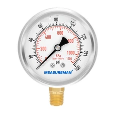 MEASUREMAN 2-1/2inch Dial Size, Oil Filled Pressure Gauge, 0-160psi/kpa, 304 ...