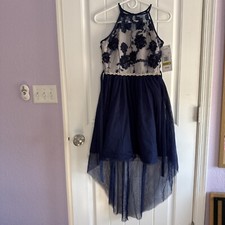 NEW NWT RARE EDITIONS Girl's 14 Blue Embroidered Mesh High-Low Dress BEAUTIFUL