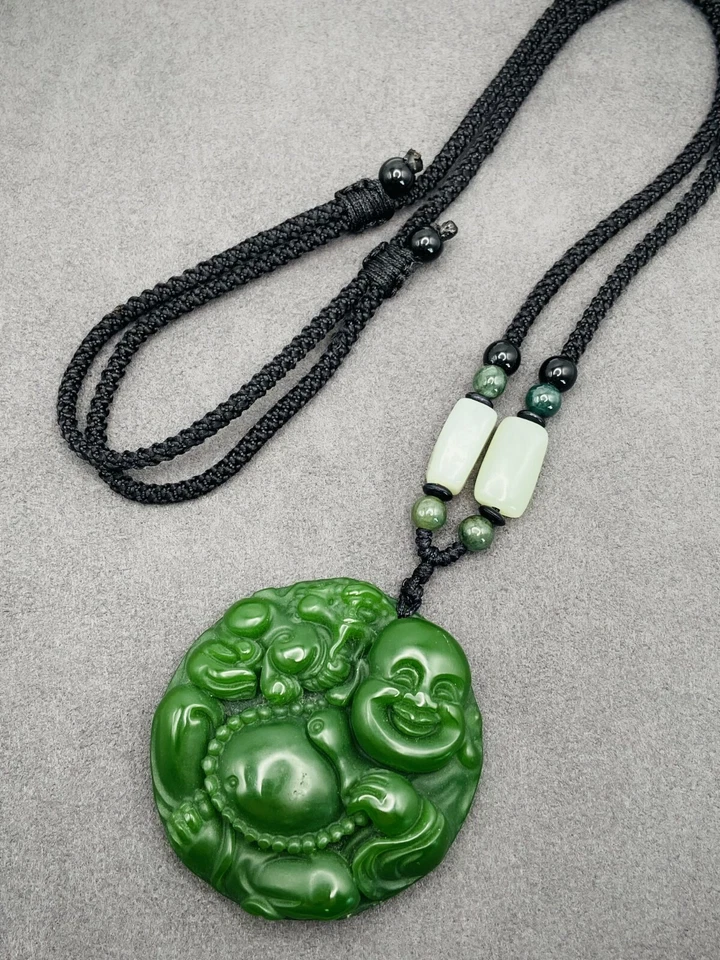 Collar colgante con dije de Buda de jade con cadena de cordón de cuentas hechas a mano piedras preciosas talladas Foto 3 de 4