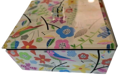 Bunte Vögel Blumen Schmuckkästchen Deckel Glas Filzfutter - Bild 3 von 7