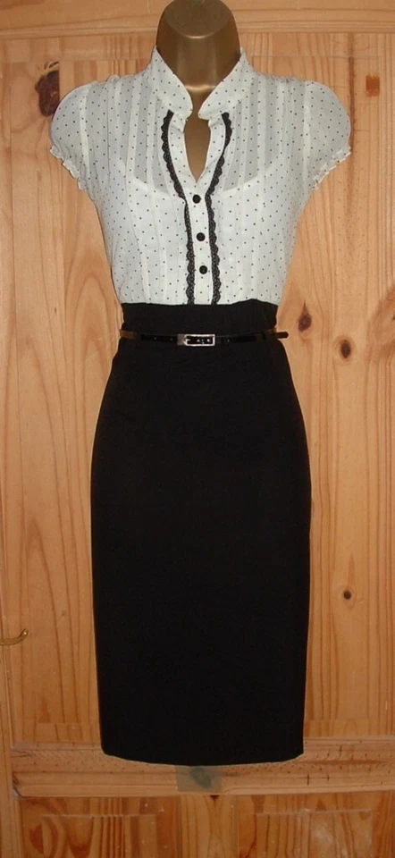 Negro Crema Lápiz Mueva Lunares Blusa Elegante Trabajo Oficina Vestido Talla 12 Foto 4 de 4