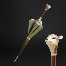 Pretty Squirrel Enameled Brass Handle Green Umbrella with Printed Interior