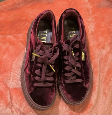 Fenty X Puma Creeper Velvet Sneakers - Burgandy Merlot - Gold Accent laces 