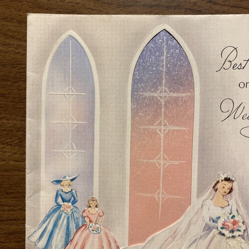 Vintage 1940s Wedding Marriage Congratulations Card Church Windows Bride P3D - Picture 3 of 19