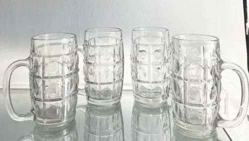 Vintage Dimple Thumbprint  Heavy Glass Beer Mugs Steins 11.5oz  Set Of 4