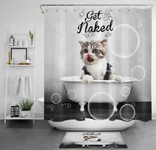 Cute Cat Shower Curtain White Bathtub Funny Get Naked Bathroom Accessories Set