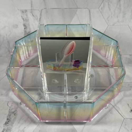 Rotating Iridescent Rainbow Plastic Makeup Organizer Spinning Skincare Organizer