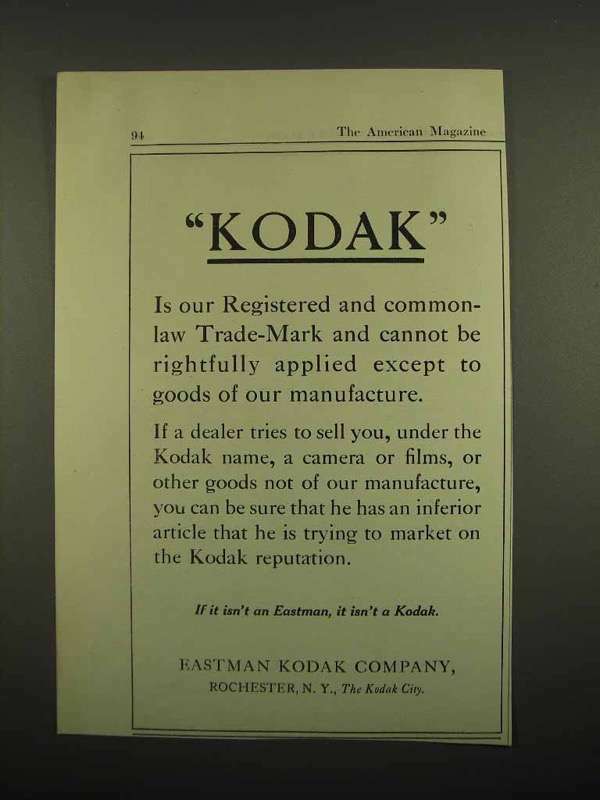 Vintage 1918 Kodak Camera and Film Ad Featuring Commonlaw Trade-Mark