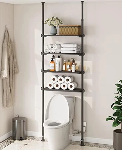 Bathroom Racks and Shelves Over-The-Toilet Cabinet, 4 Tier Metal Shelving  Unit Adjustable with Tension Poles Industrial Storage Organizer, White 