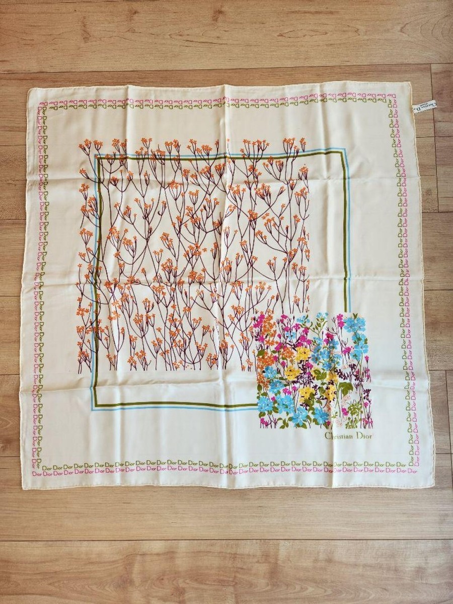 Christian Dior scarf 77cm 30″ square silk flower white | eBay