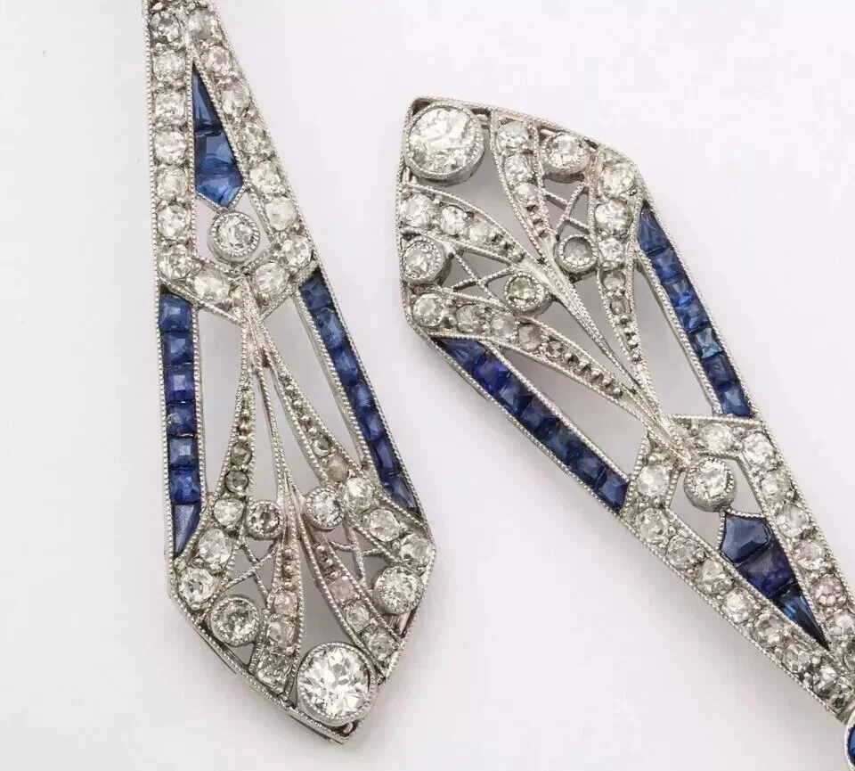 Art Deco Style Lab Created Diamond & Sapphire Dangle 14k White Gold FN Earrings - Image 4 of 4