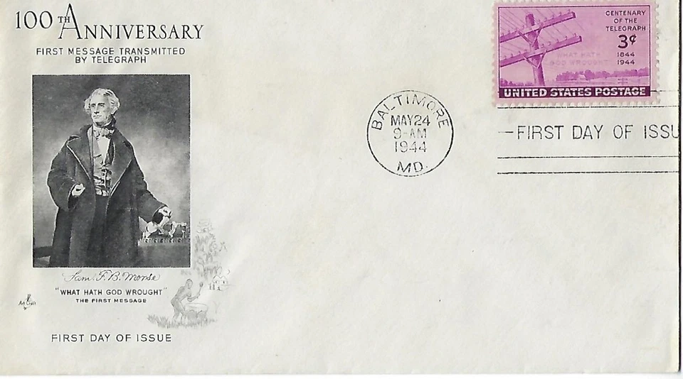 4 '44 FDCs 100th Anniv. of Telegraph SC#924 on Grimsland Cachet Craft, ArtCraft - Image 3 of 4