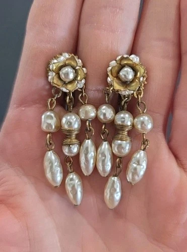 Unique Vintage MIRIAM HASKELL Gold Tone Faux Pearl Tassel Clip On Earrings