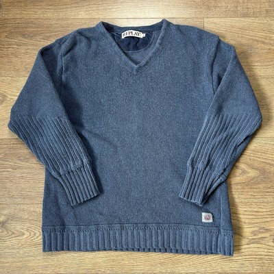 Replay Jumper Men's Medium Lambswool Tight Rib Knit  Blue Heavy Sweater Pullover