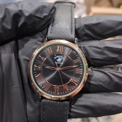 Working BEVERLY HILLS POLO CLUB Watch Mens Roman 42mm Gold Black Leather New Bat