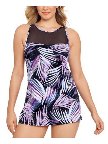 SWIM SOLUTIONS Women's Multi Color Stretch Mesh-Insert High Neck Swimdress 8