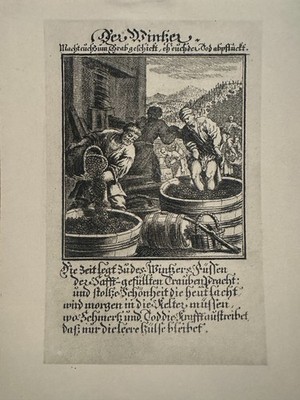 old sheet engraving of a copperplate engraving The Winemaker by Christoph Weigel