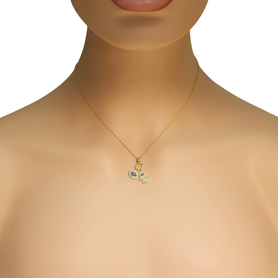 Colar pingente feminino prata esterlina 925 olho mau Hamsa azul branco CZ - Imagem 3 de 4