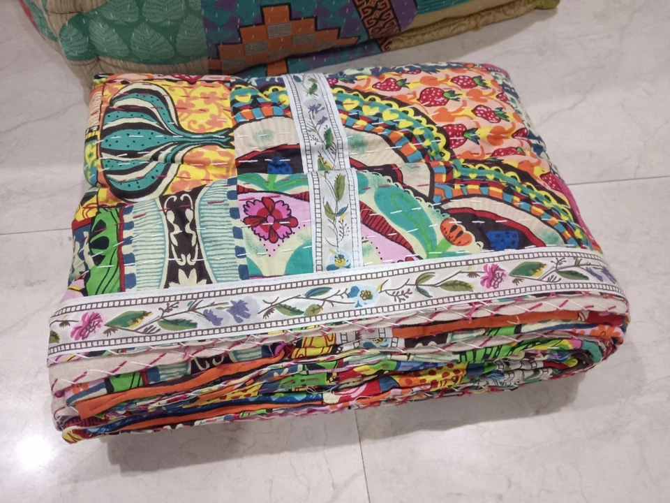 Colcha arte edredón Kantha retazos de algodón indio con estampado de bloques tamaño king Foto 2 de 4