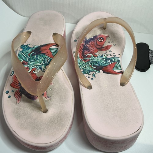 Chanclas Ed Hardy Mujer Talla 9 Beso Pez Muñeca Plataforma Y2K Rosa - Imagen 4 de 7