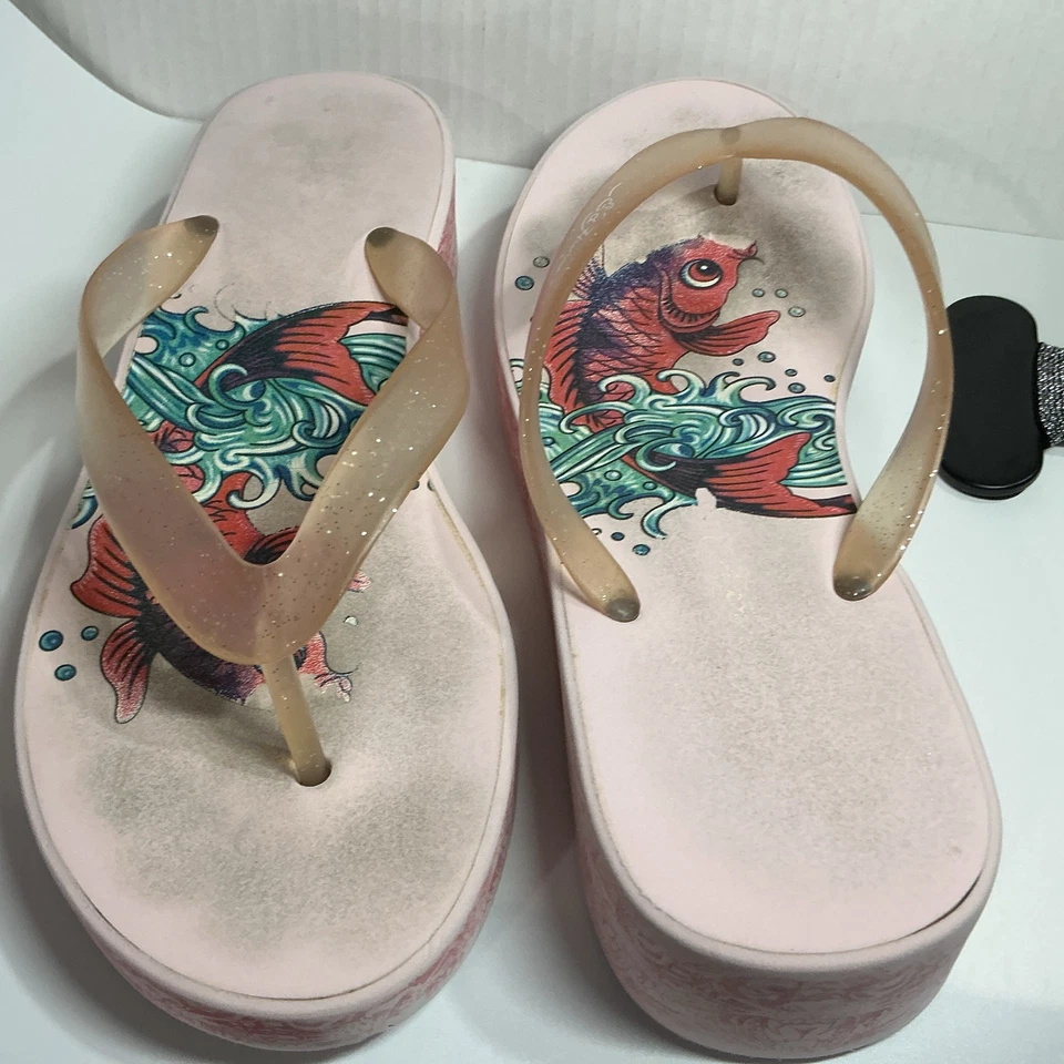 Chanclas Ed Hardy Mujer Talla 9 Beso Pez Muñeca Plataforma Y2K Rosa Foto 4 de 4
