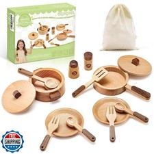 WHOHOLL Wooden Play Cooking Set with Plates and Dishes, Kitchen T