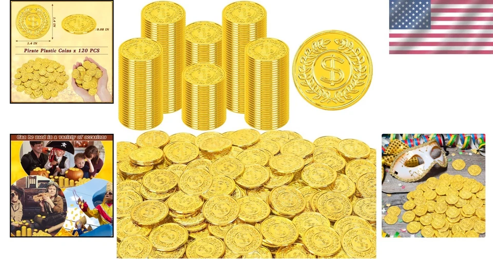 Золотые пиратские монеты 1,4 дюйма (120 шт.) — идеально подходят для наград за класс и вечеринку - Изображение 2 из 4