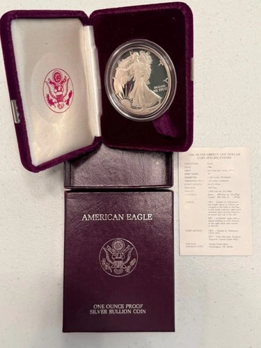 1986-S brilliant gem PROOF American SILVER EAGLE with case, box & COA. Pf ASE