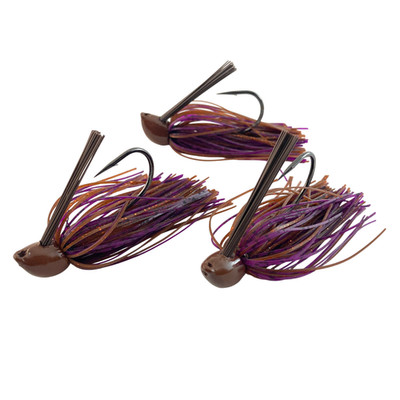 3 Hand-Tied, 1/2-oz., Brown-Orange Flake/Purple, Recessed Flat-Eye Flipping Jigs