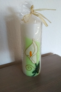 Stumpenkerze Kerze mit Motiv Anturie Flamingoblume Grün Weiß H 20cm Deko Sommer
